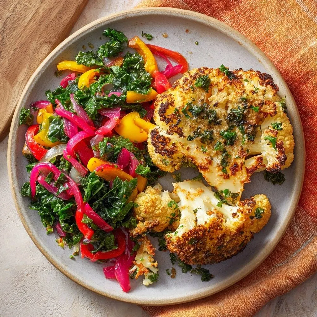 Crispy herb-crusted cauliflower plated with pickled beet salad and colorful peppers, offering a vibrant and healthy meal.