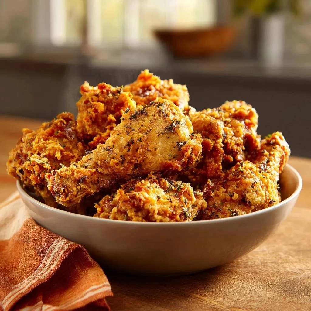 Crispy herb fried chicken bites piled high in a white bowl, showcasing their golden-brown texture and seasoning.