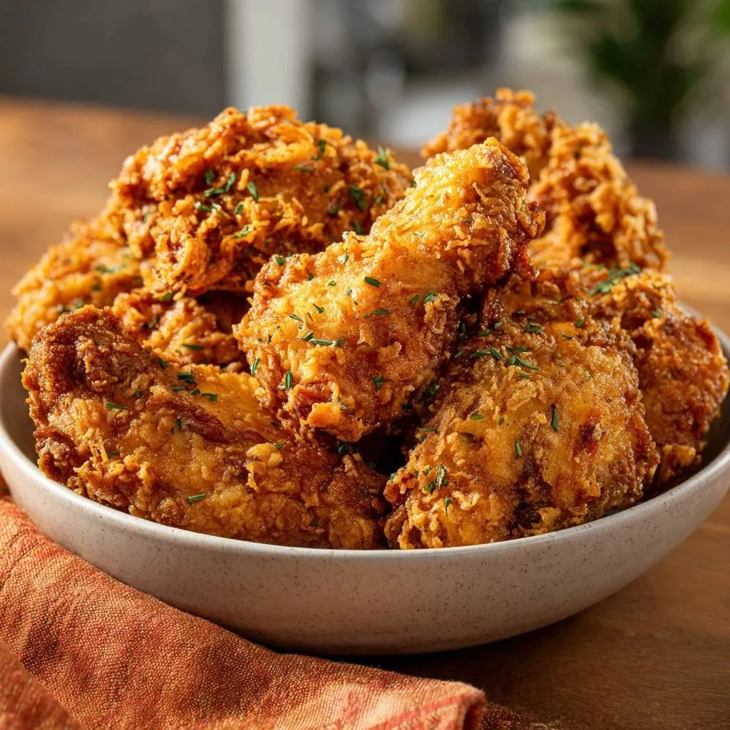 Crispy herb fried chicken bites are piled high in a rustic bowl, garnished with fresh parsley.