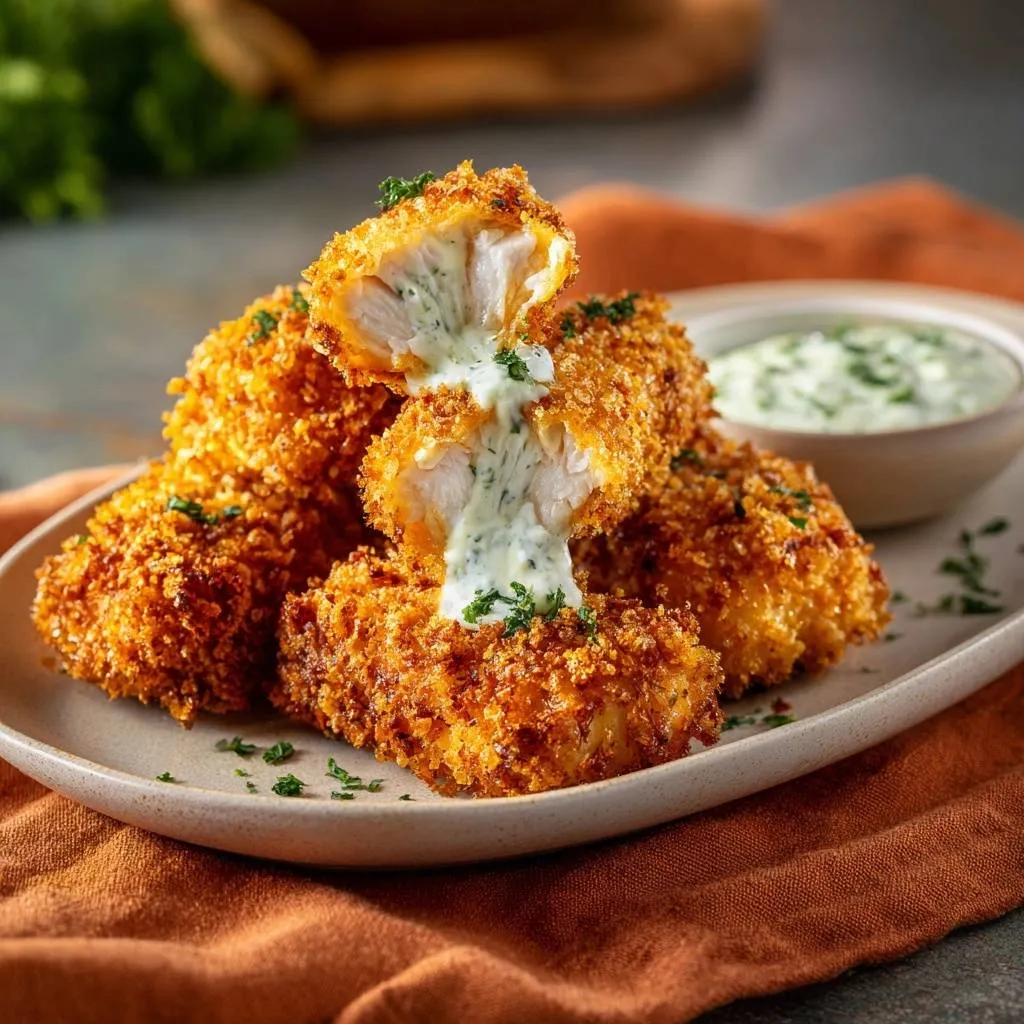 Crispy herbed chicken bites cross-section showing tender white meat with creamy herb sauce dripping.