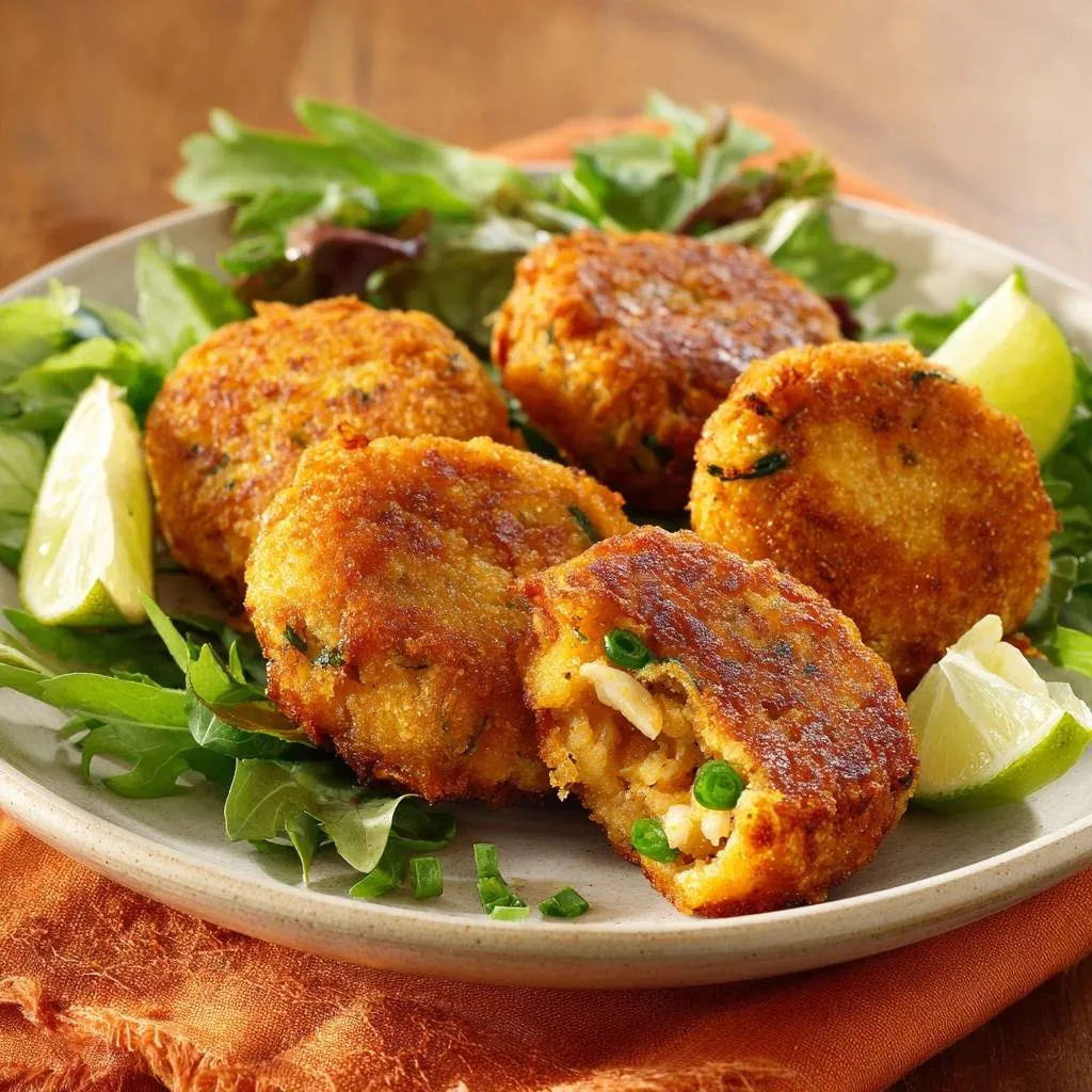 Crispy lime shrimp cakes shown in a close-up cross-section, revealing the interior with peas and shrimp.