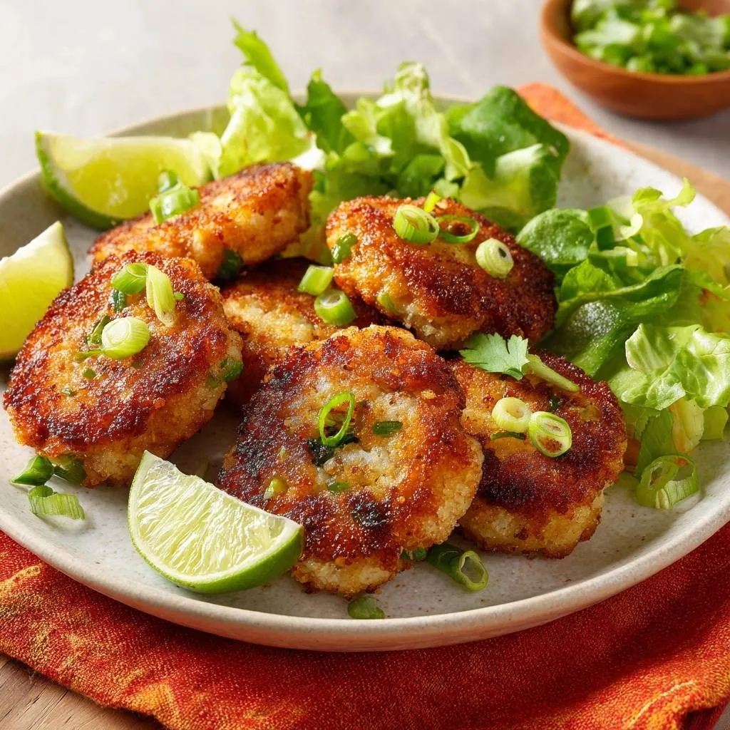 Crispy lime shrimp cakes plated with fresh lettuce and lime wedges, garnished with chopped green onions.