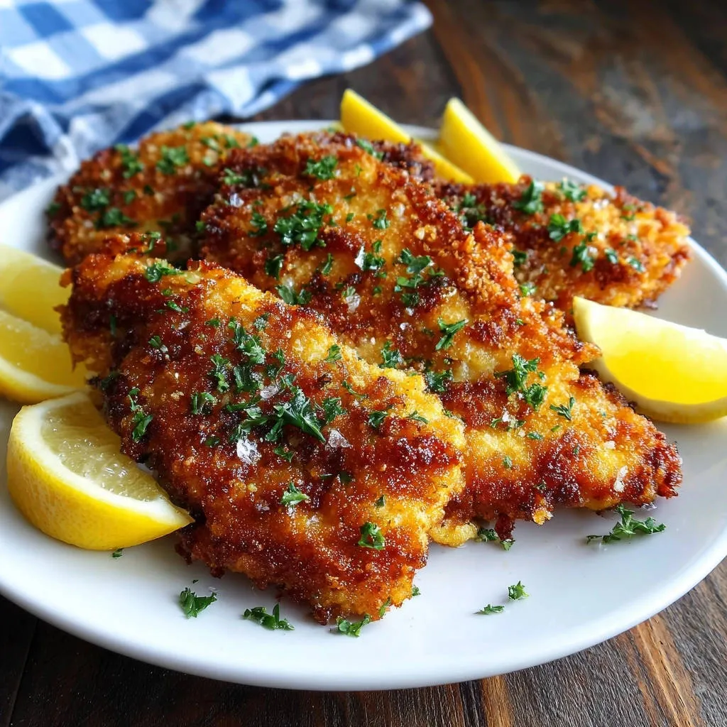 Crispy pan-fried chicken cutlets plated with lemon wedges and parsley, viewed from the side.