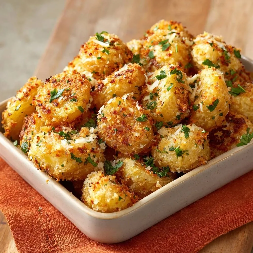 Crispy Panko Parmesan Potatoes are shown in a dish with a close-up view of the crunchy topping and fresh parsley.