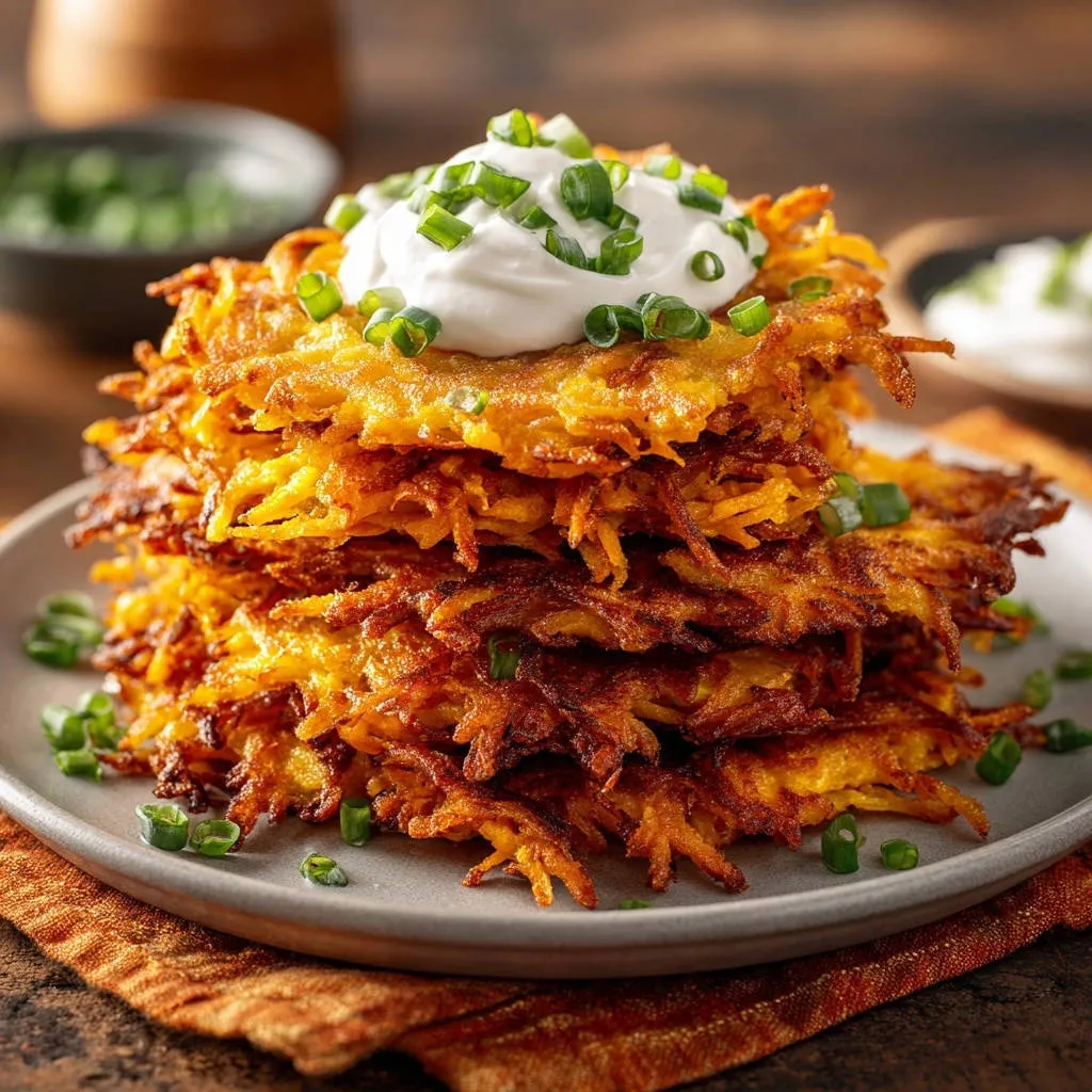 Crispy potato fritters topped with sour cream and chopped green onions, presented on a plate.