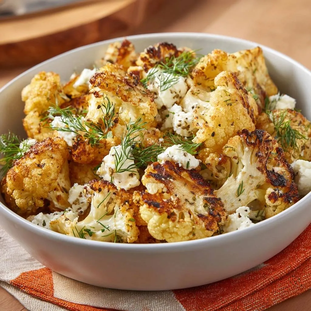 Crispy roasted cauliflower with feta and dill served in a white bowl, showcasing a close-up view of the texture and garnish.