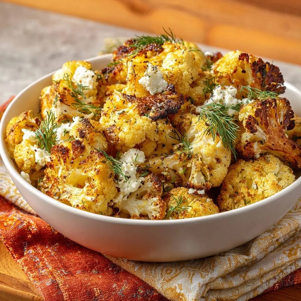 Crispy roasted cauliflower with feta and dill, shown in a close-up view with visible crumbled cheese and fresh herbs.