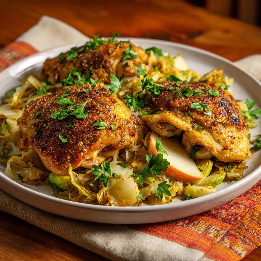 Crispy spiced chicken thighs with apple cabbage brussels hash served on a plate with a close-up view of the textures.