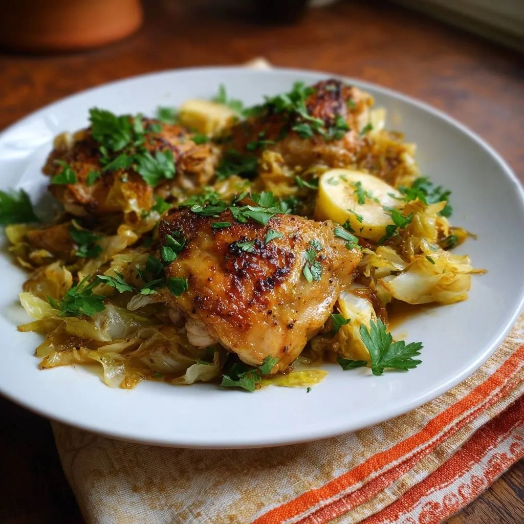 Crispy spiced chicken thighs with apple cabbage hash served on a white plate, garnished with parsley and lemon slices.