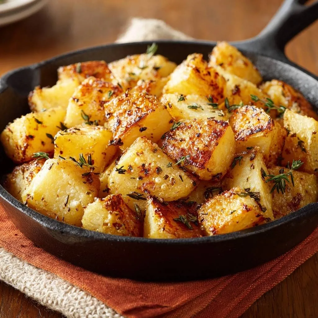 Crispy thyme skillet potatoes shown in a cast iron pan with a close-up view of their golden-brown texture.