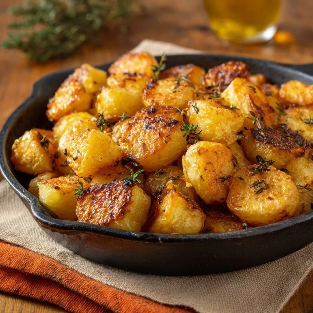 Crispy thyme skillet potatoes served in a black cast iron pan, generously seasoned with fresh herbs.
