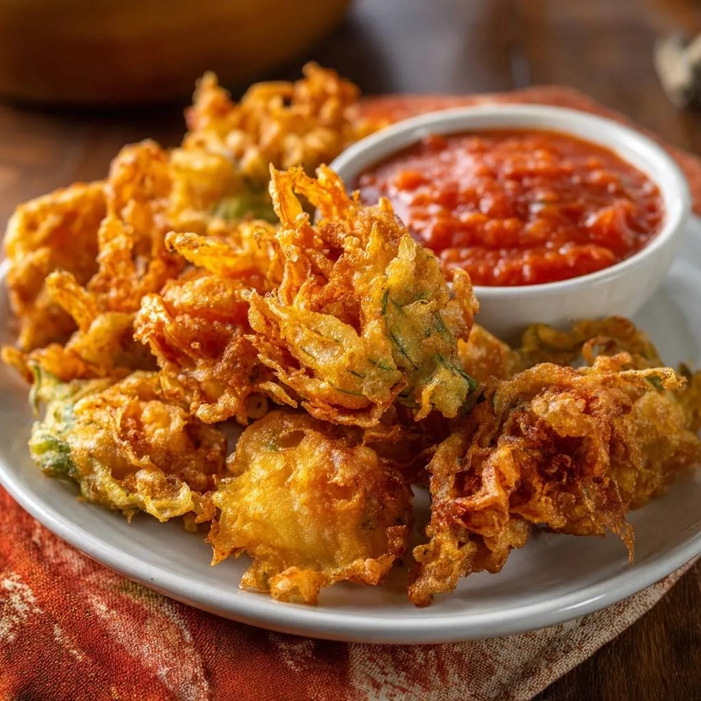 Crispy zucchini fritters plated with a side of red sauce, showcasing their golden-brown, textured appearance.