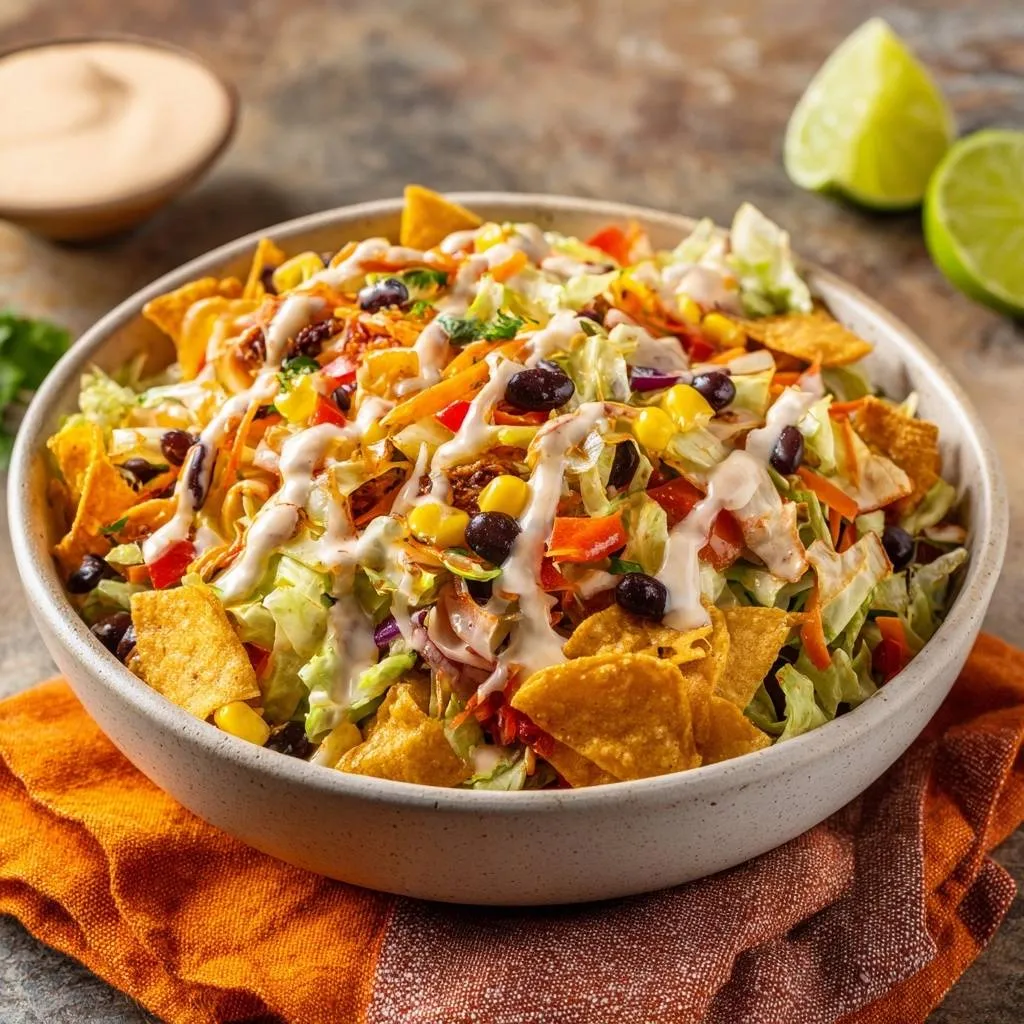 Crunchy taco slaw salad in a bowl, generously drizzled with creamy dressing and garnished with tortilla chips.