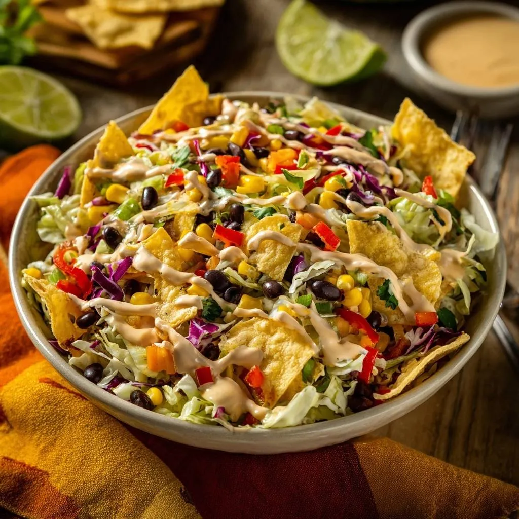 Crunchy taco slaw salad in a bowl, featuring layers of shredded lettuce, corn, black beans, and tortilla chips drizzled with dressing.
