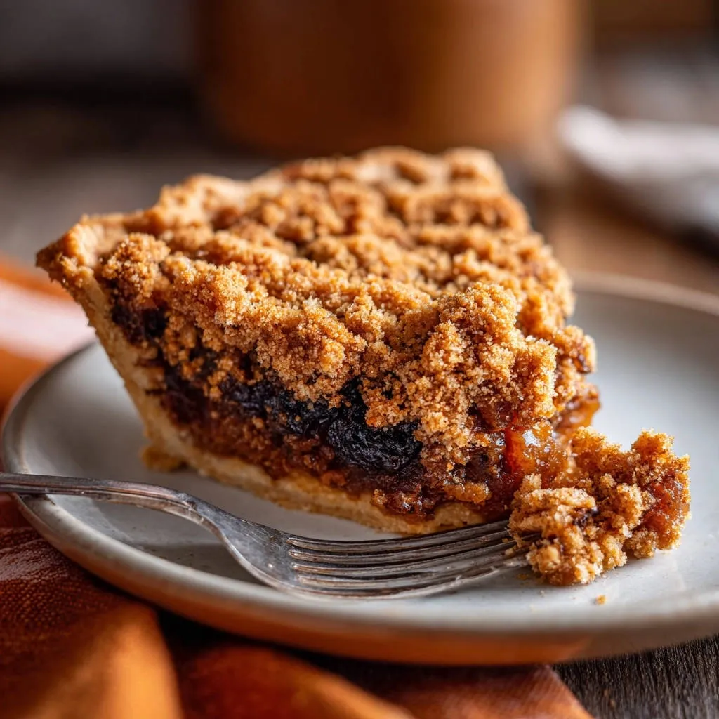 Deep dish date crumb pie with a fork taking a bite out of a slice, showing the crumb topping and filling.