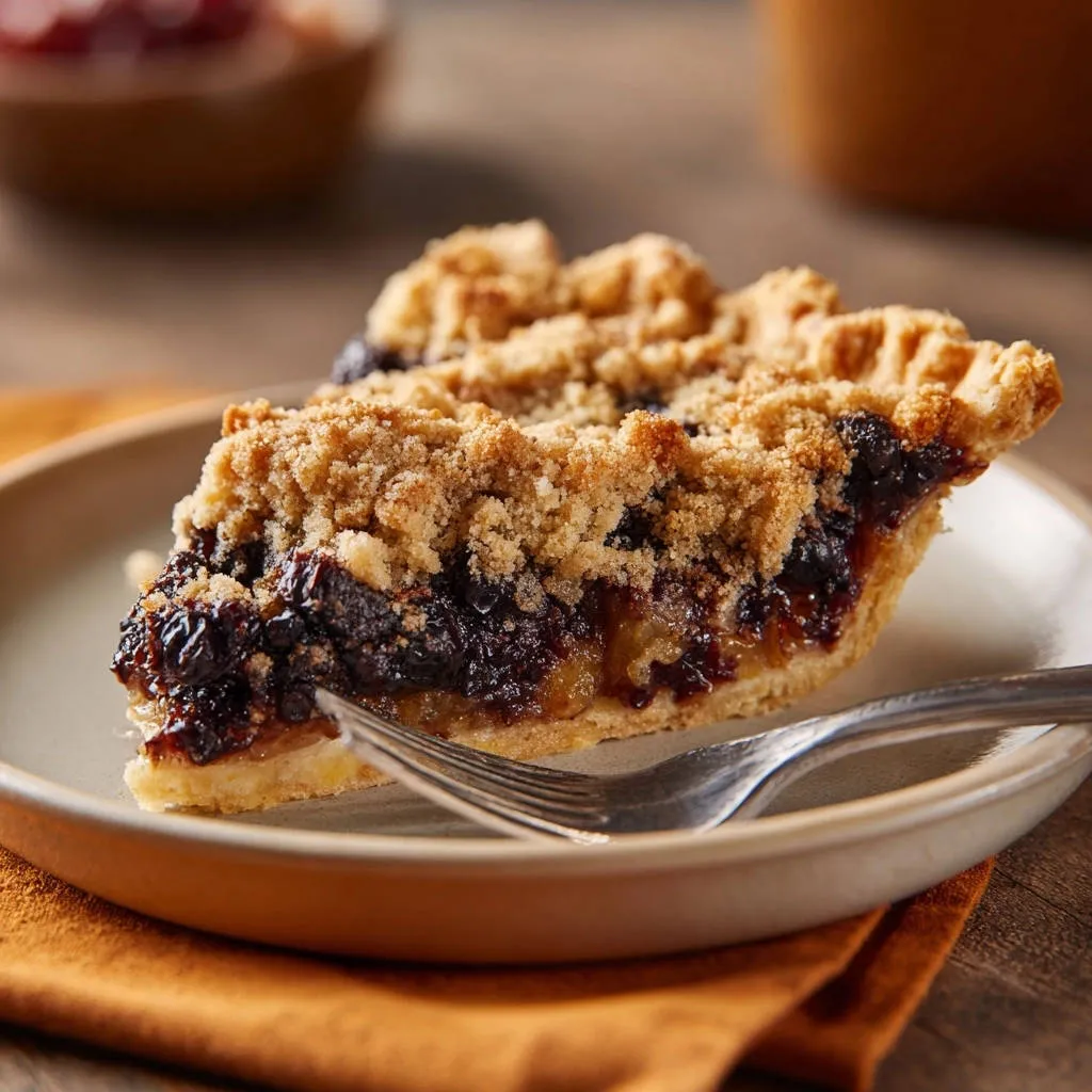 Deep dish date crumb pie slice showing a close-up of the chunky streusel topping and dark fruit filling.