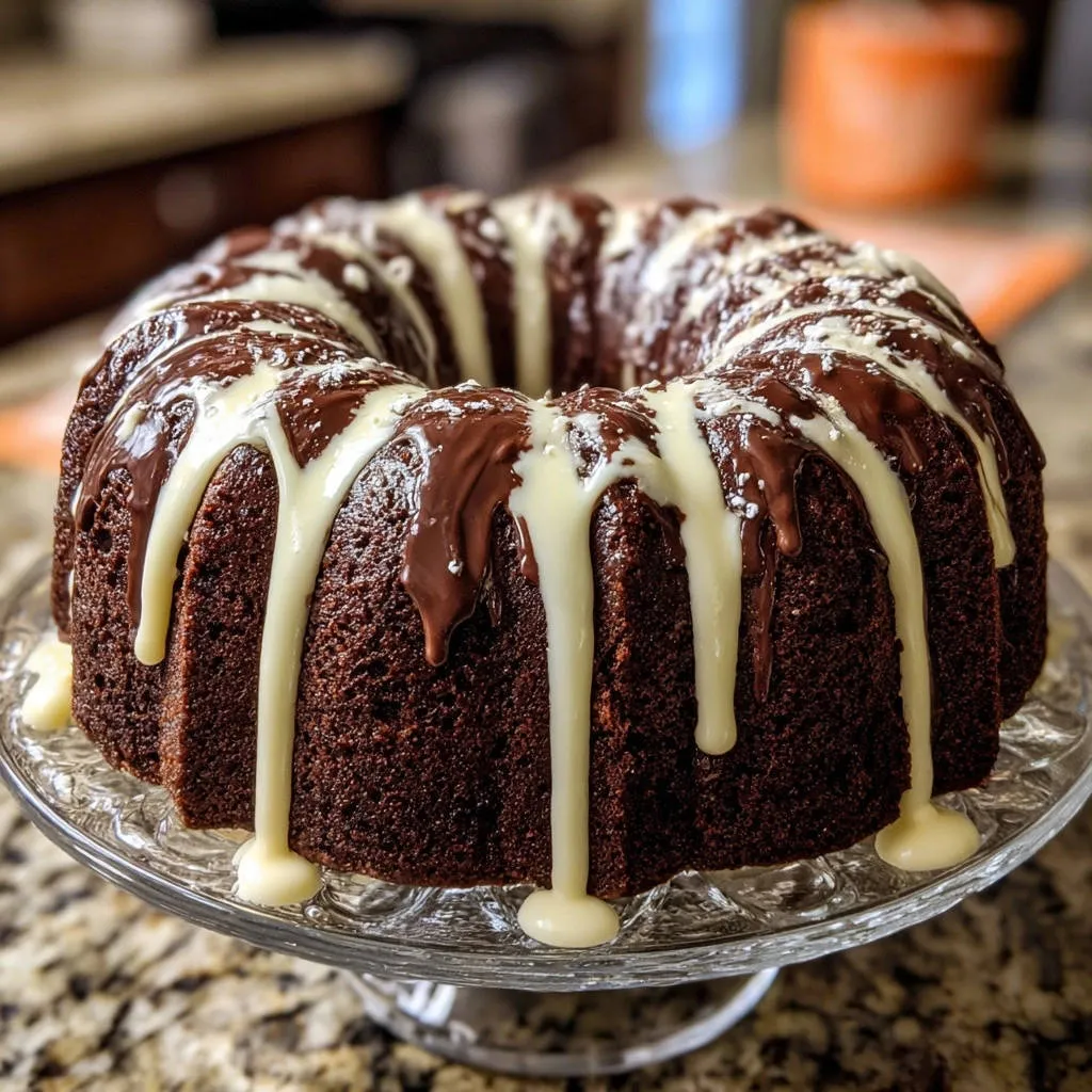 Double glazed chocolate bundt cake with rich chocolate and white icing drizzled down the sides.