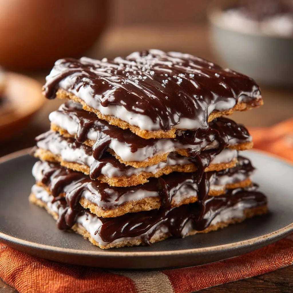 Homemade double chocolate fudge bars stacked high, showcasing their gooey marshmallow and chocolate layers with a close-up view.