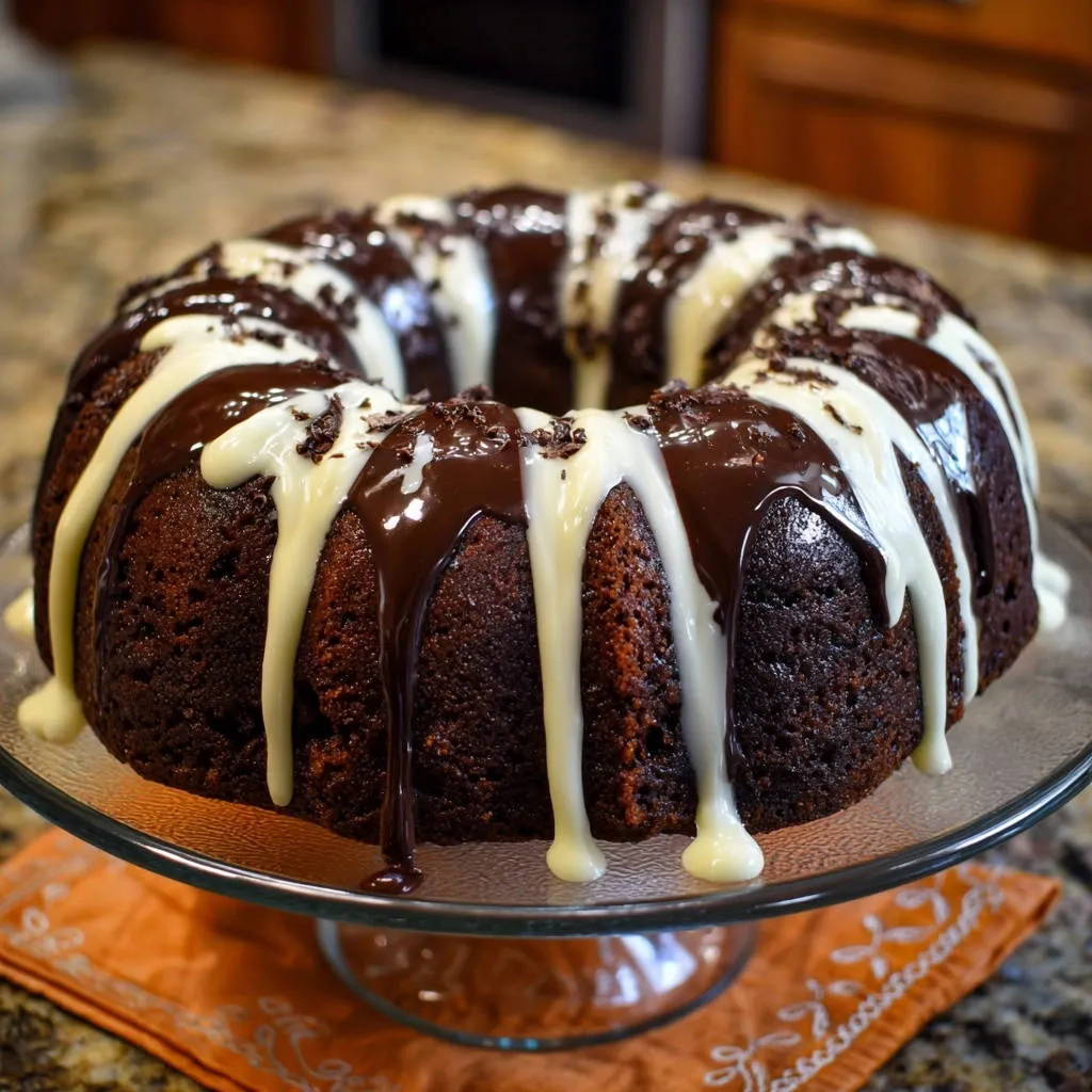 Double glazed chocolate bundt cake with rich chocolate and vanilla glazes drizzled on top.