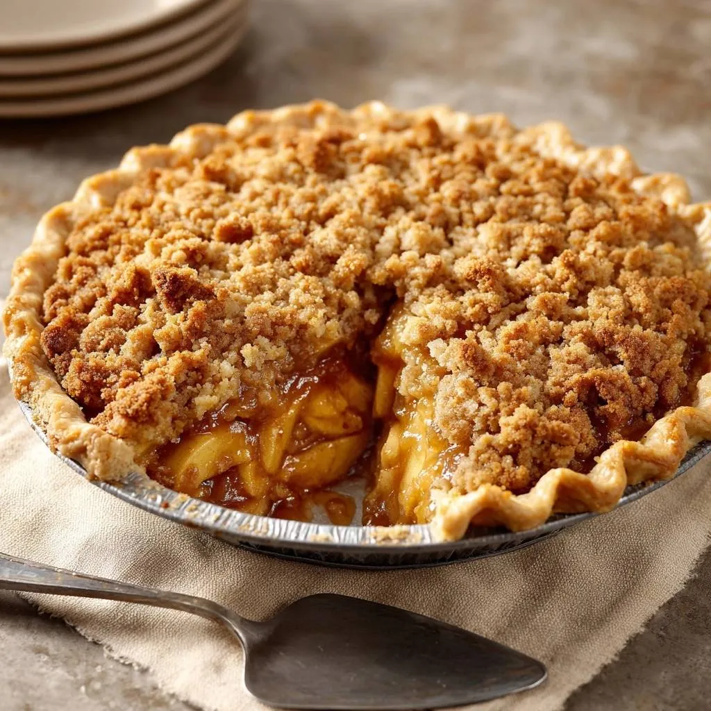 Dutch apple crumb pie with a golden crumb topping and a slice removed revealing the apple filling.