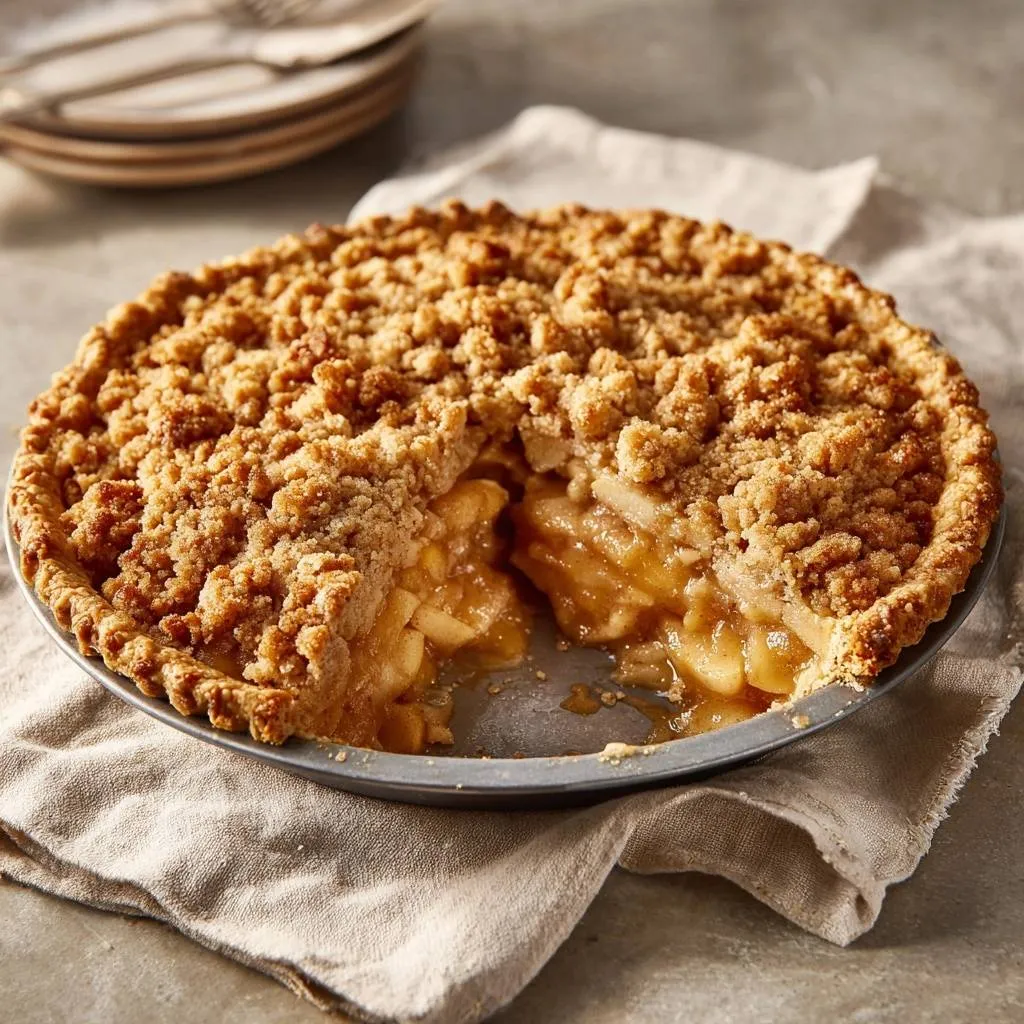 Dutch apple crumb pie with a slice removed, showing the golden brown crumb topping and tender apple filling.