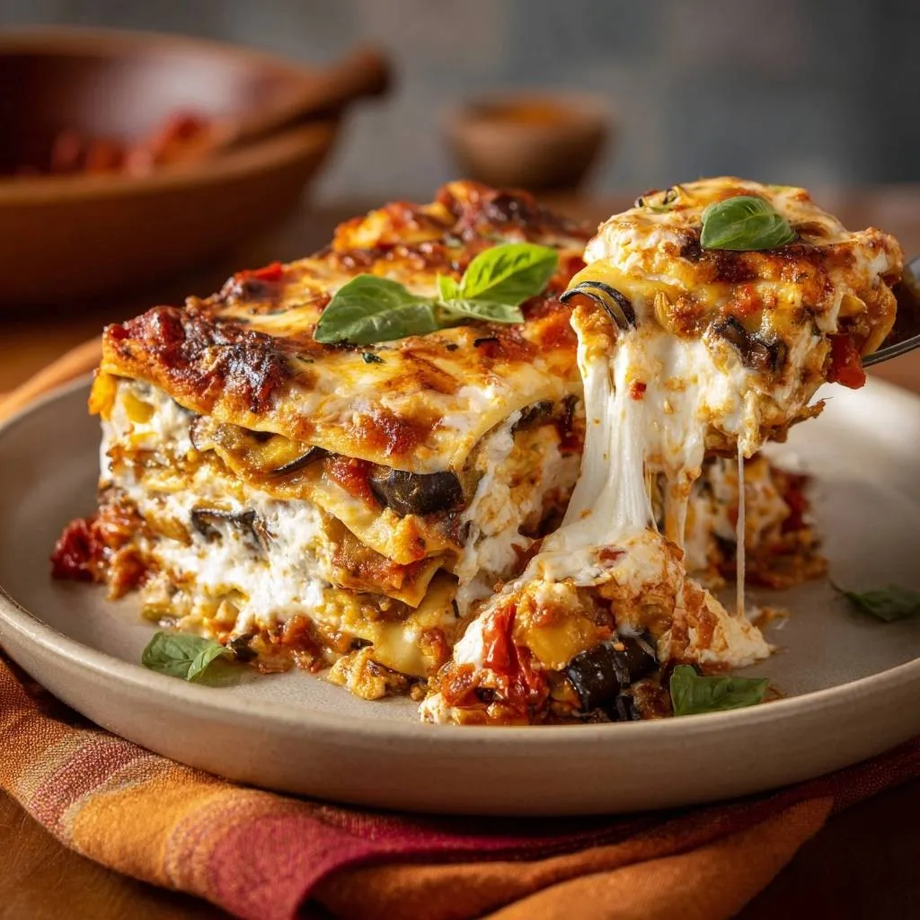 Eggplant lasagna without soggy layers, with a fork lifting a cheesy slice showcasing its layered interior.
