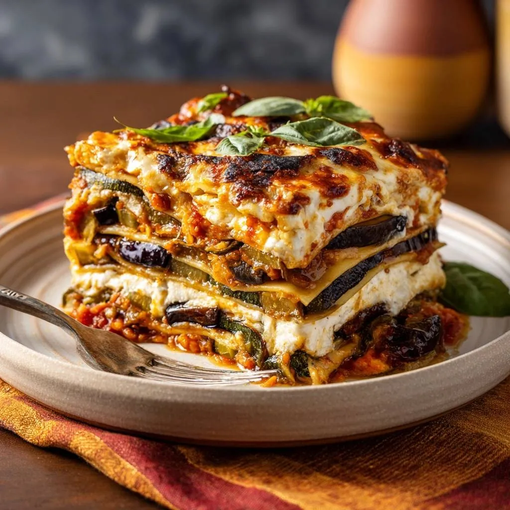 Eggplant lasagna without soggy layers, a plated slice showing layers of pasta, ricotta, and vegetables.
