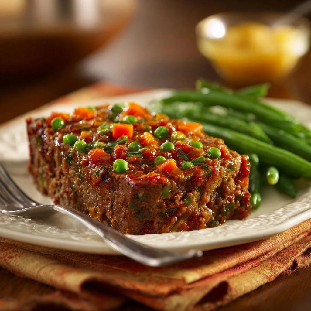 Savory Family Meatloaf plated with green beans and garnished with peas and carrots.
