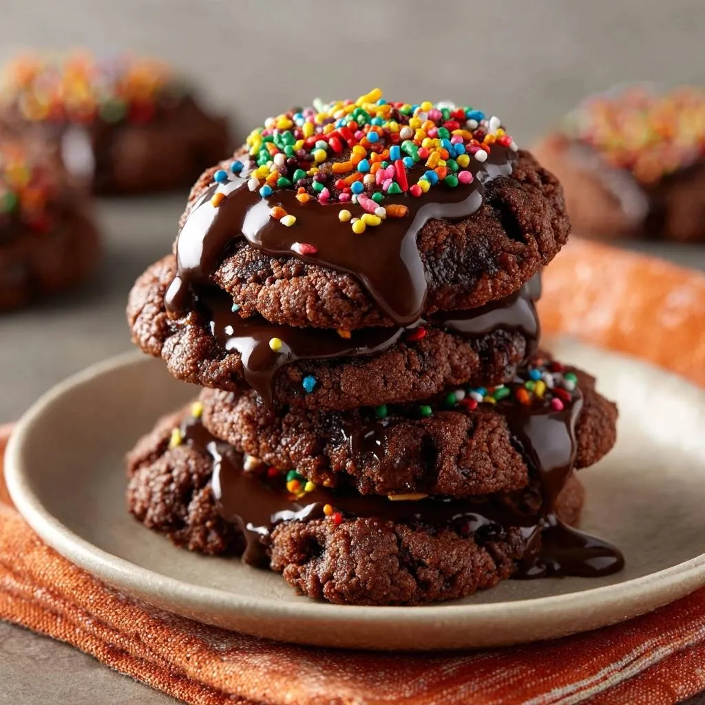 Festive chocolate crinkle cookies with lasting snowy cracks, stacked high and drizzled with rich chocolate ganache and colorful sprinkles.