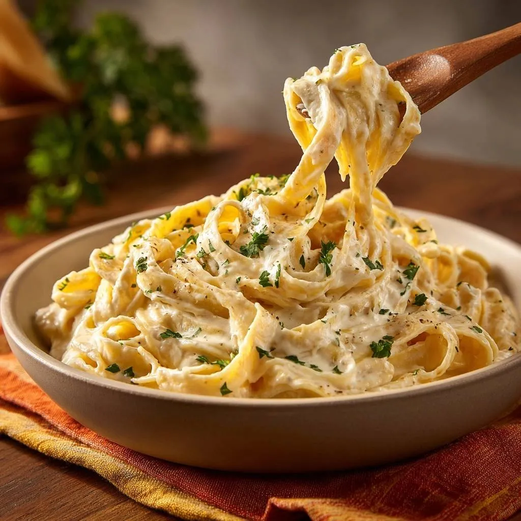 Perfect Fettuccine Alfredo with a spoonful of creamy sauce being lifted from the bowl, garnished with parsley.