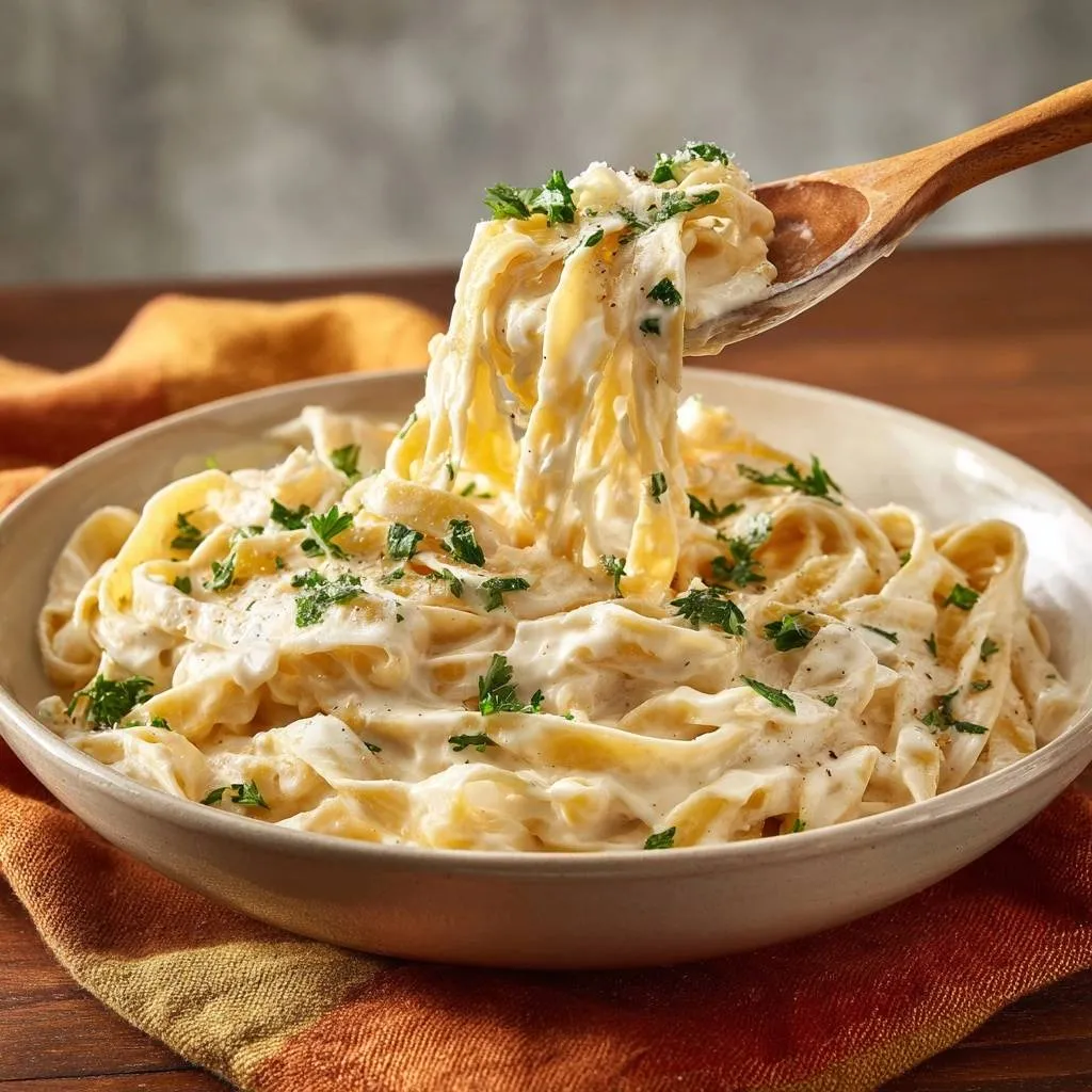 Perfect Fettuccine Alfredo with a spoonful twirling, showing creamy sauce and parsley garnish.
