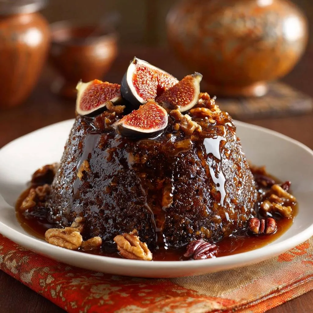 Fig & Pecan Sticky Pudding featuring a glossy glaze, fresh fig slices, and chopped nuts on top.