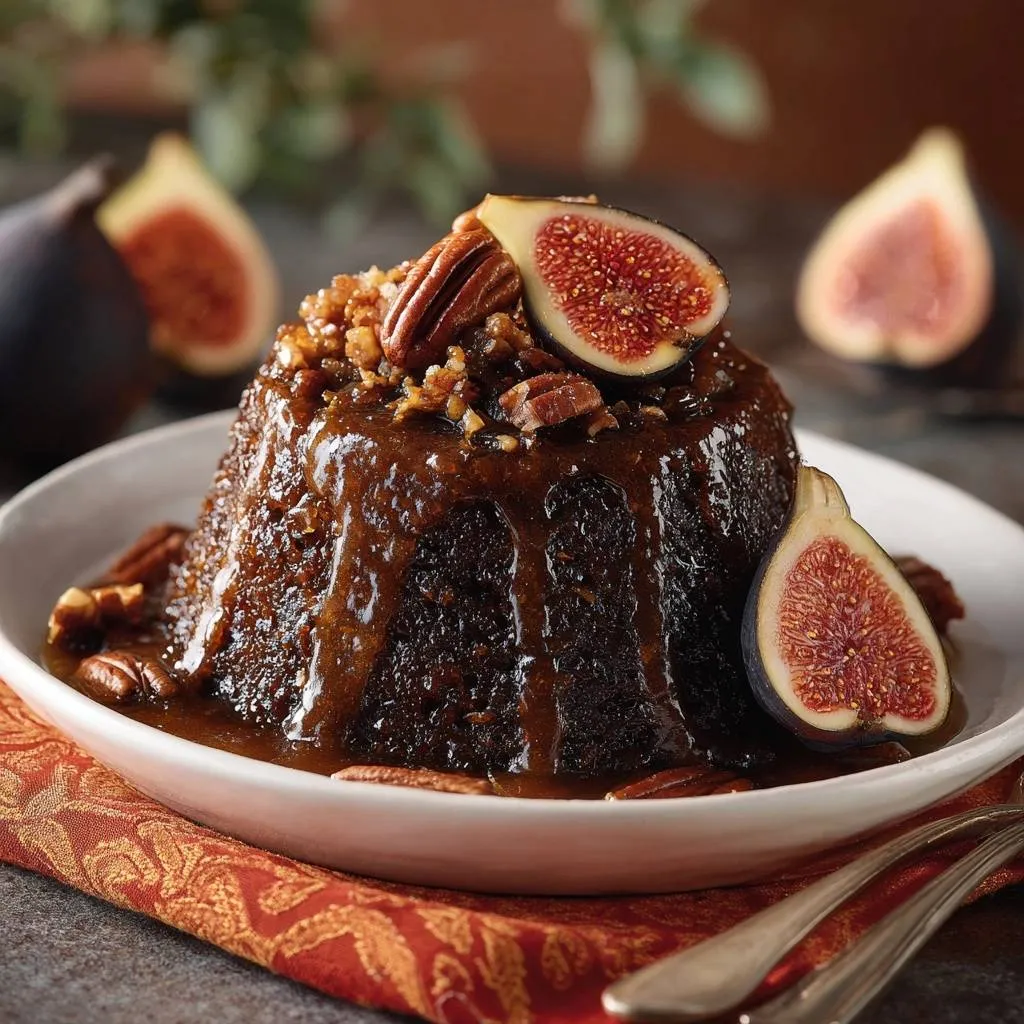 Fig & Pecan Sticky Pudding glazed with caramel sauce and garnished with fresh figs and pecans.