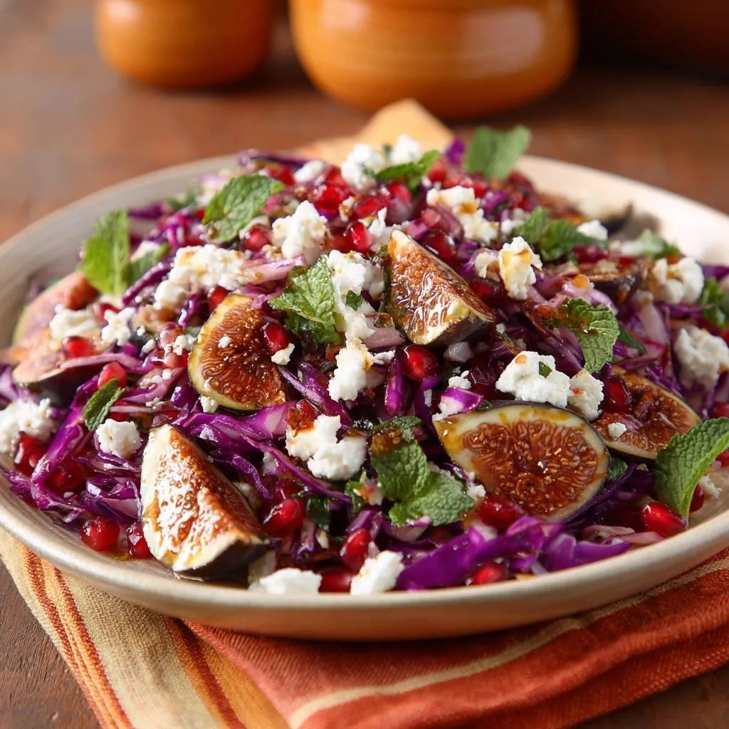 Fig pomegranate feta red cabbage salad recipe shown in a close-up view with fresh figs, feta cheese, and mint.