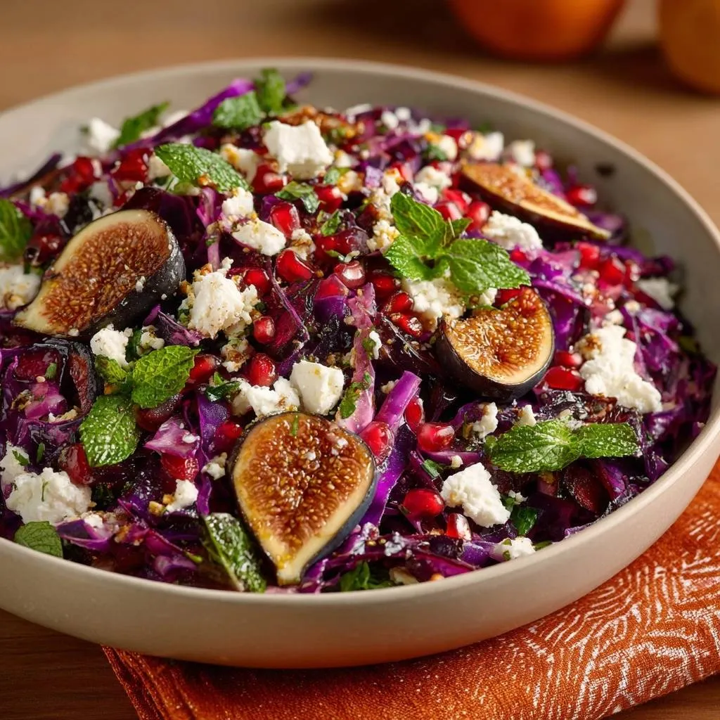 Fig pomegranate feta red cabbage salad served in a bowl, showcasing fresh figs, pomegranate seeds, and crumbled feta cheese.