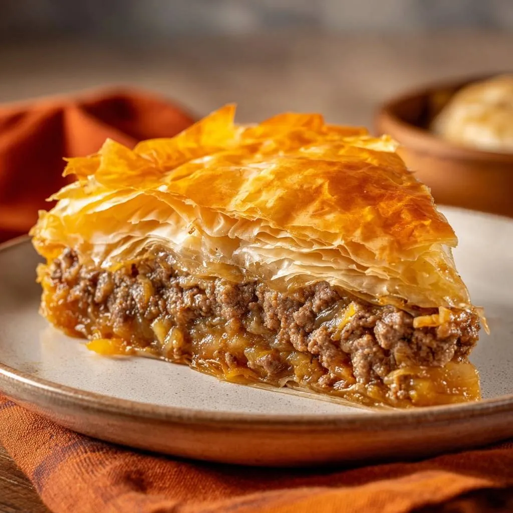Flaky beef leek phyllo pie slice showing the layered pastry and rich meat filling in a close-up cross-section view.