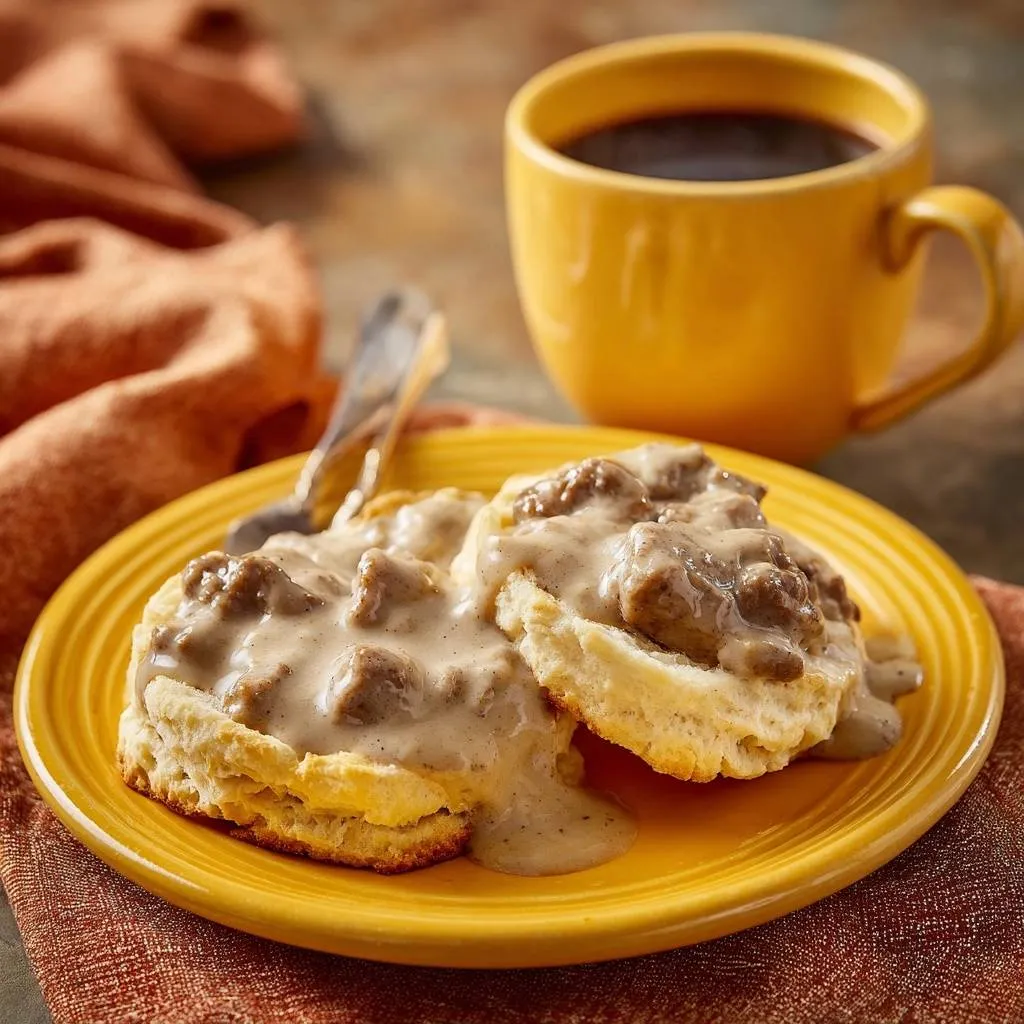 Fluffy biscuits and sausage gravy plated on a yellow dish with a cup of coffee in the background.
