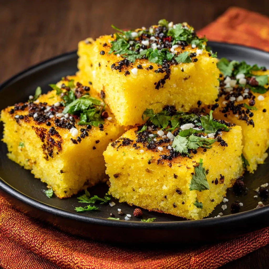 Fluffy instant savory steamed cake cut into squares and garnished with cilantro and spices on a black plate.