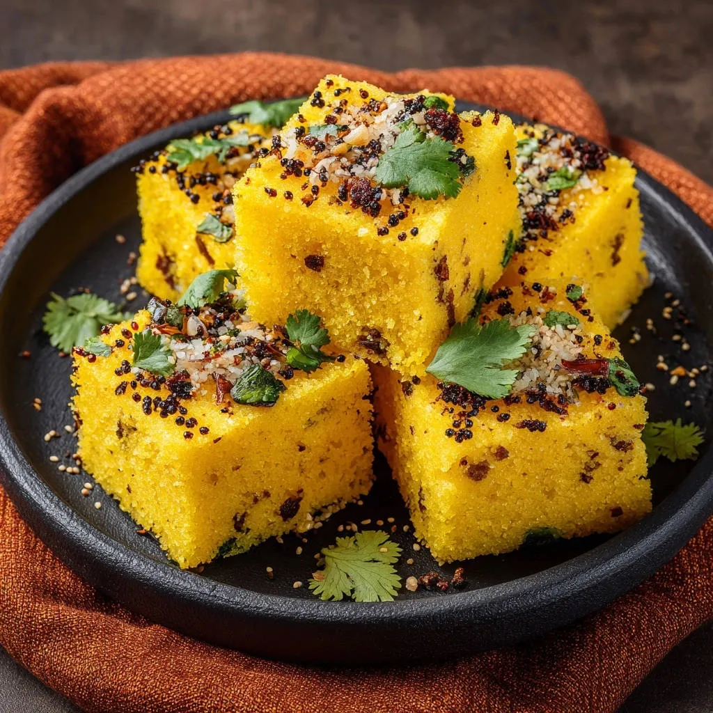 Fluffy instant savory steamed cake cubes garnished with cilantro and spices on a black plate
