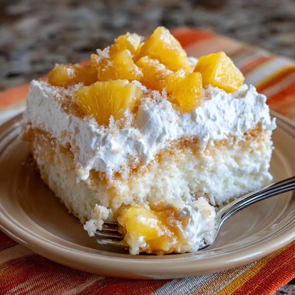 Fluffy pineapple angel food cake slice with whipped cream and pineapple topping, showing a fork taking a bite.