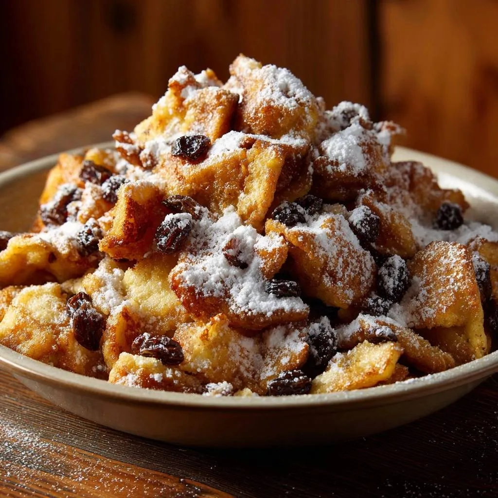 Fluffy raisin beignets generously dusted with powdered sugar in a rustic bowl setting.