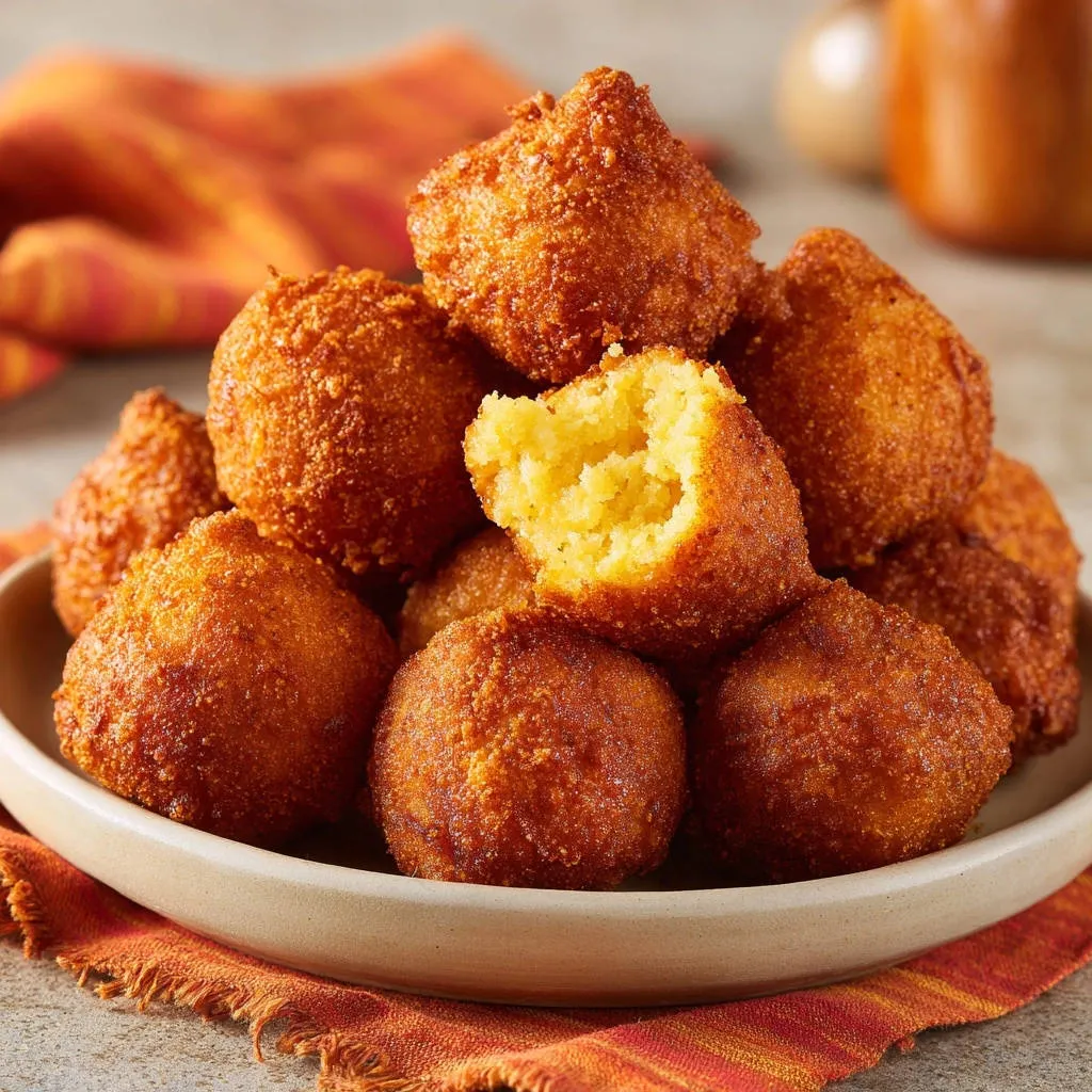Fluffy Southern Hush Puppies, with a golden-brown exterior and a fluffy interior shown in a cross-section bite.