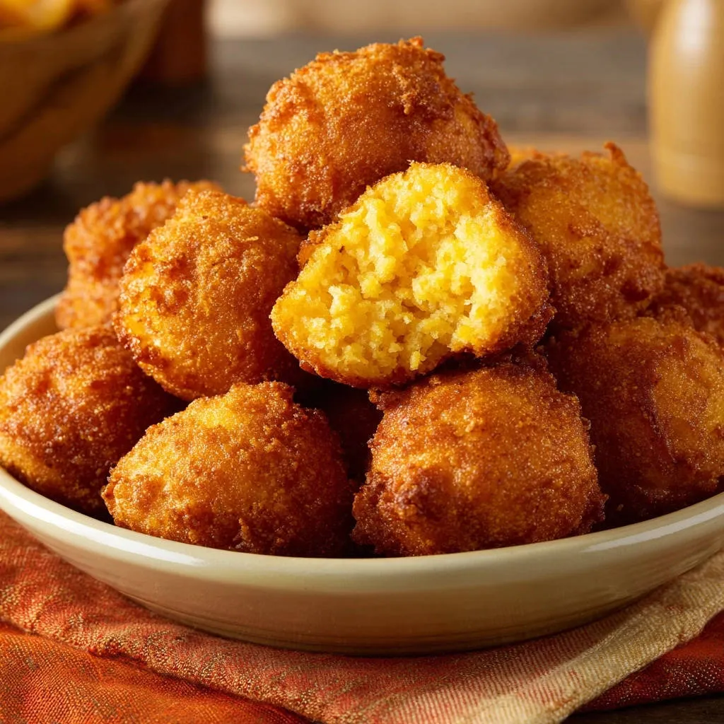 Fluffy Southern Hush Puppies shown in a close-up cross-section revealing their cornbread interior.