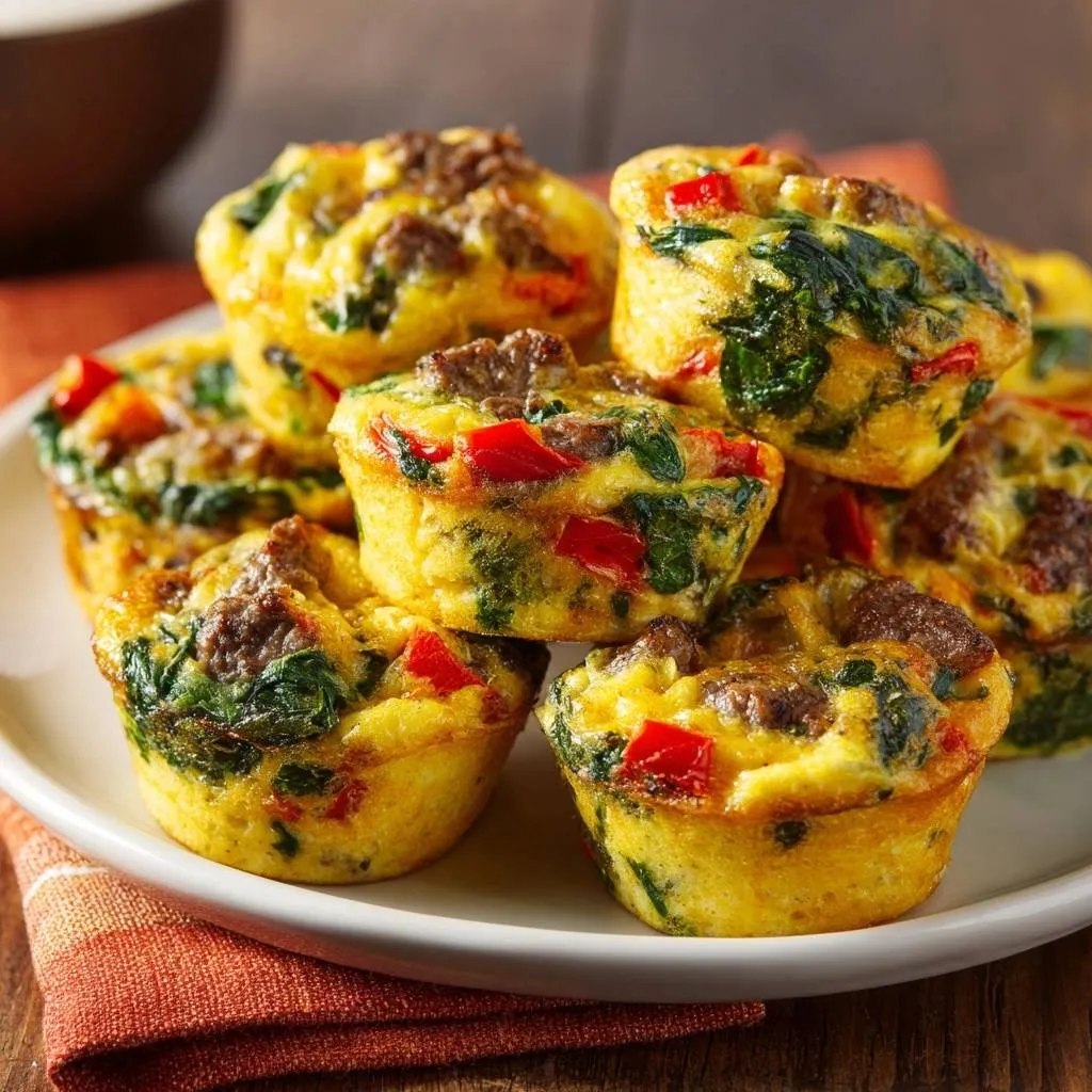 Fluffy turkey sausage spinach pepper egg muffins stacked and showing a close-up view of their ingredients.