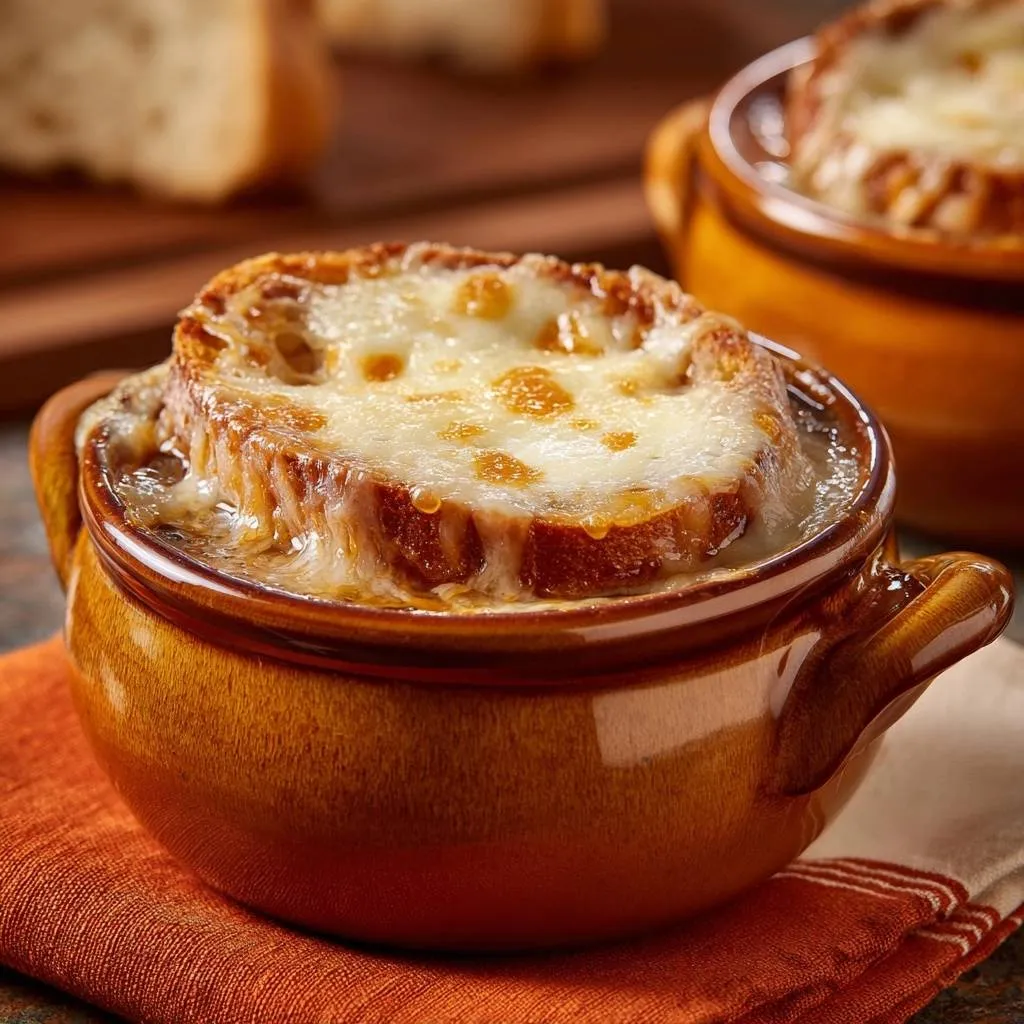 French onion soup with a perfectly melted, golden-brown cheese topping on toasted bread.
