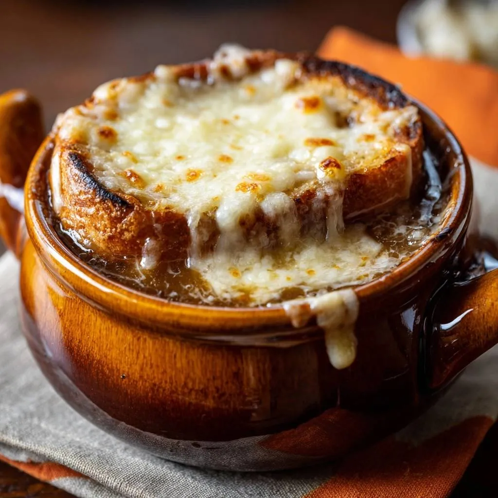 French onion soup with a bubbling, golden-brown melted cheese topping and toasted bread in a ceramic bowl.