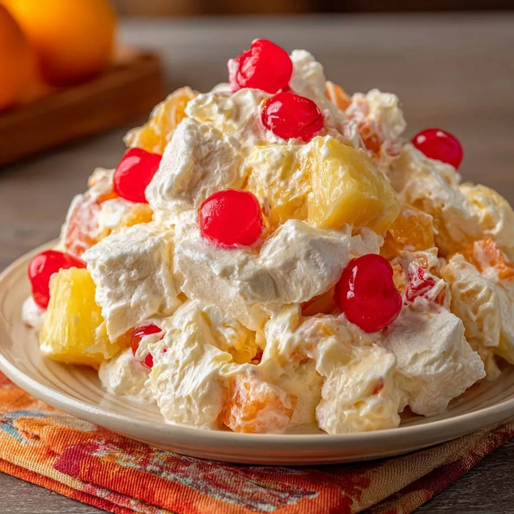 Classic fruit fluff salad piled high on a plate, showcasing its fluffy texture and cherry garnish.