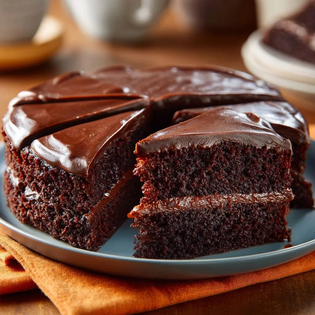 Fudgy chocolate cake cross-section slice showing two moist layers with rich chocolate frosting.