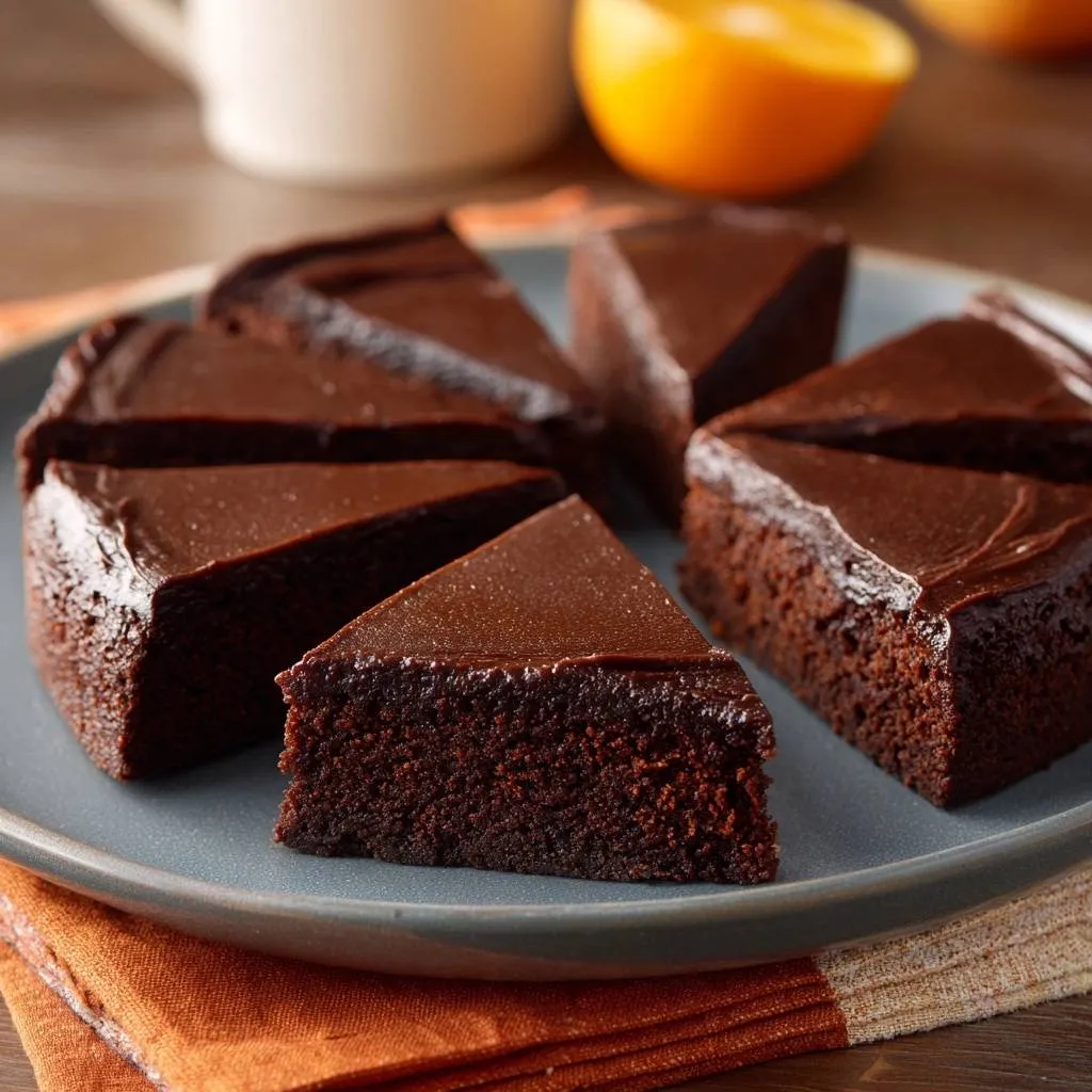 Fudgy chocolate cake sliced and arranged on a grey plate, showcasing its moist interior texture.