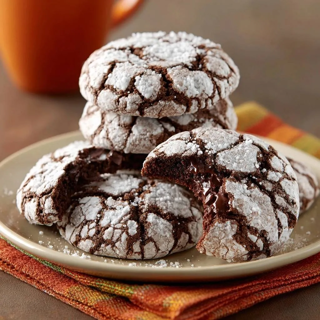 Fudgy chocolate cherry crinkle cookies with a gooey chocolate center revealed in a cross-section view.